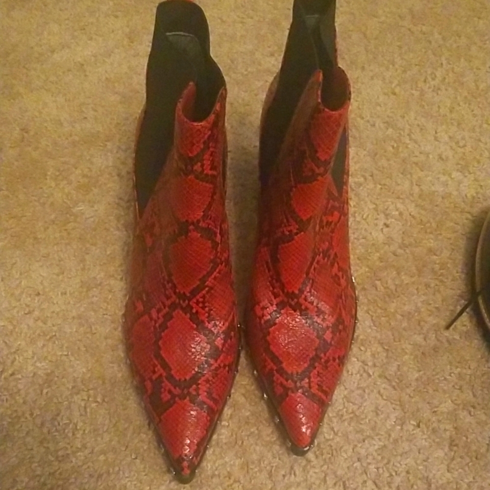 Red snakeskin bootie